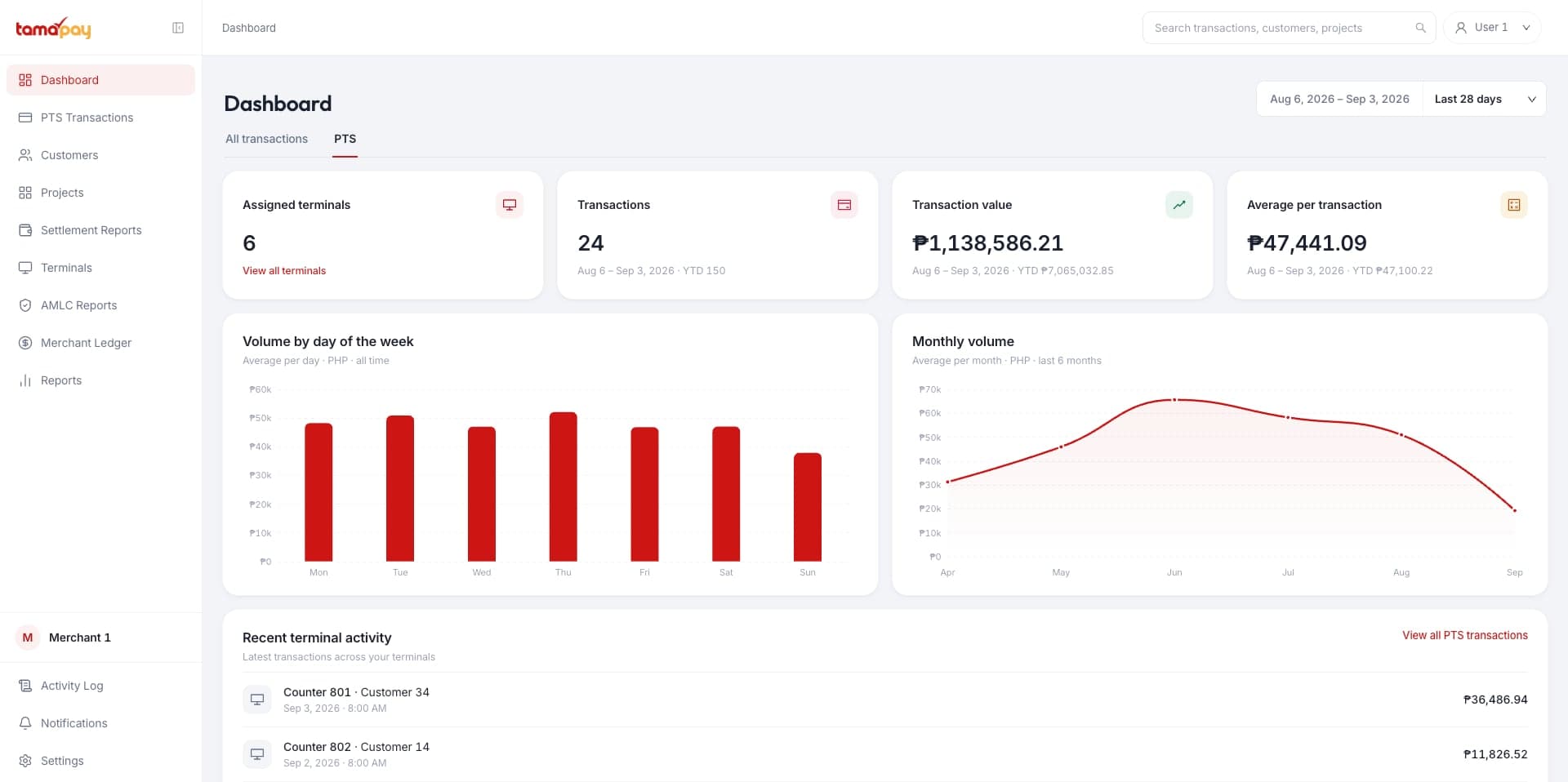 Enterprise dashboard — volume and terminals